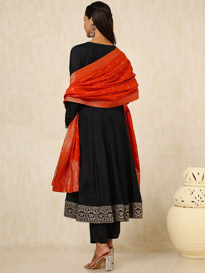 Dhiyona SO Women's Women Ethnic Motifs Embroidered Panelled Sequinned Dupion Silk Kurta with Trousers & With Dupatta