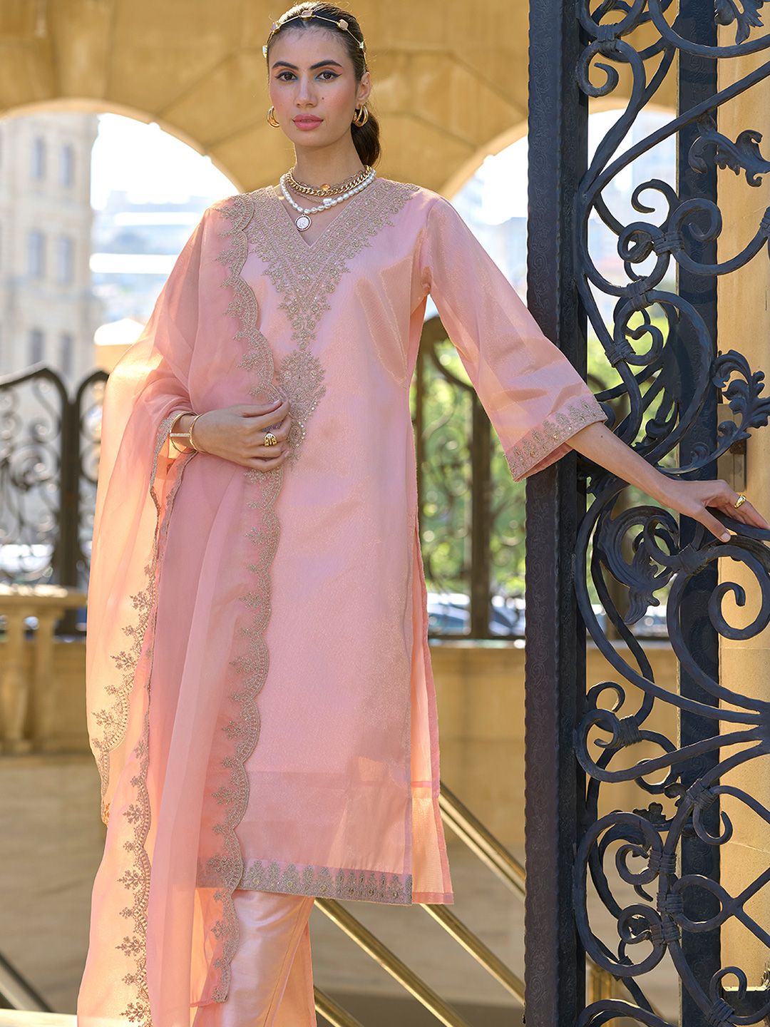 Dhiyona IE Women Ethnic Motifs Embroidered Regular Sequinned Kurta with Trousers & With Dupatta