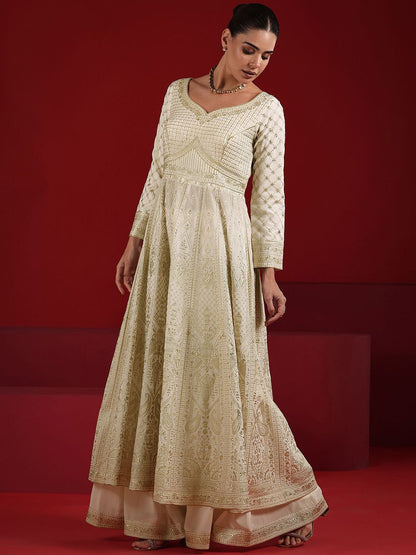 Dhiyona LL Womens Off White Embroidered Anarkali Kurta With Palazzos & Dupatta