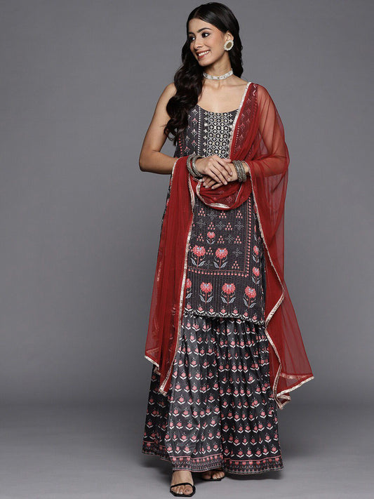 Dhiyona KL Floral Printed Shoulder Straps Straight Kurta With Palazzos & Dupatta