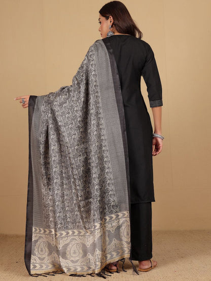 Black Thread Work Notch Neck Straight Kurta With Trousers And Dupatta