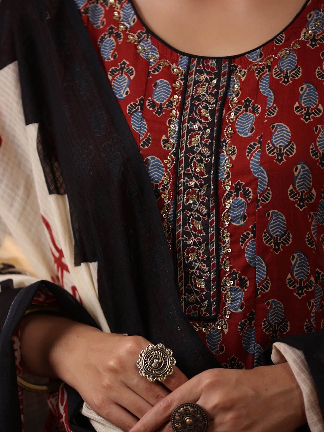 Dhiyona RR Women's Maroon Ethnic Motifs Printed Aari Work Pure Cotton Kurta with Trousers & With Dupatta