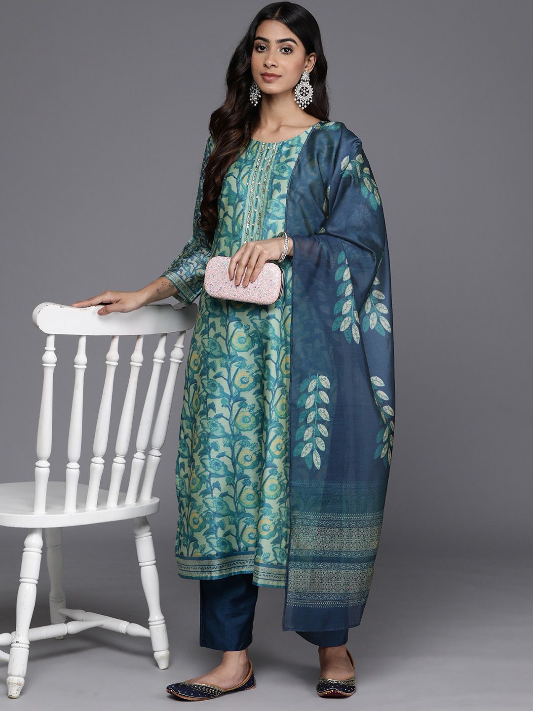 Sea Green Sea Green Floral Printed Hand work Kurta with Trousers & Dupatta