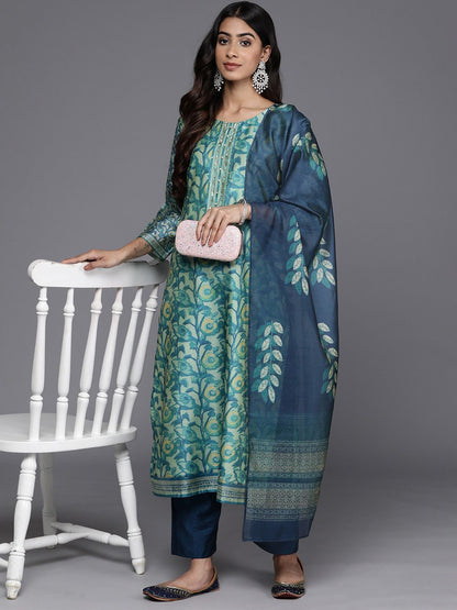Sea Green Sea Green Floral Printed Hand work Kurta with Trousers & Dupatta