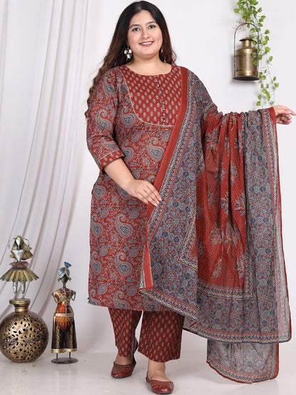 Dhiyona KL Plus Size Paisley Printed Pure Cotton Kurta with Trousers & Dupatta