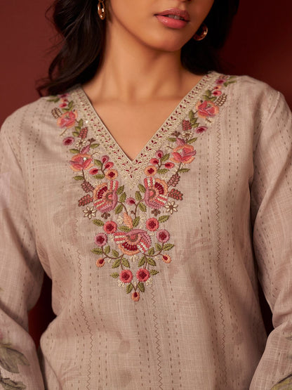 Women Floral Embroidered Linen Kurta with Trousers & Dupatta