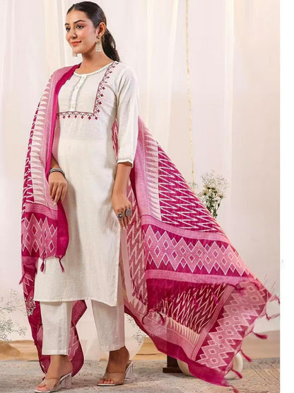 Pure Cotton Round Neck Kurta & Trousers With Dupatta