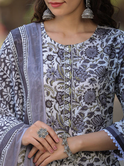 Dhiyona RR Women's Floral Printed Thread Work Pure Cotton Straight Kurta With Salwar & Dupatta