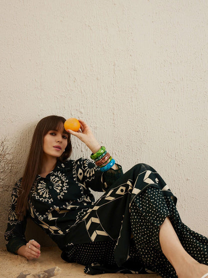 Floral Printed Sequinned Shirt Collar A-Line Kurta with Salwar