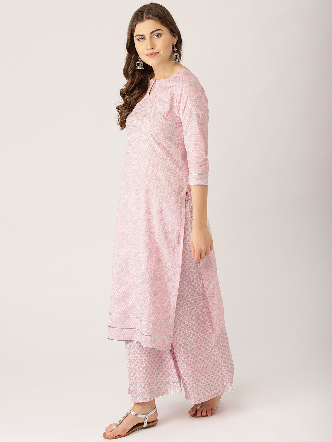 Women Pink & Silver Printed Kurta with Palazzos & Dupatta