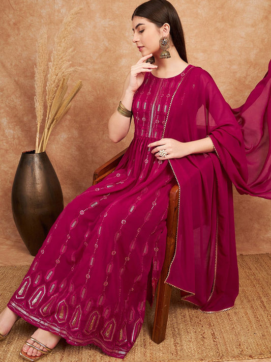 Dhiyona SN Pink Ethnic Motifs Embroidered Sequined Straight Kurta & Palazzo With Dupatta Set