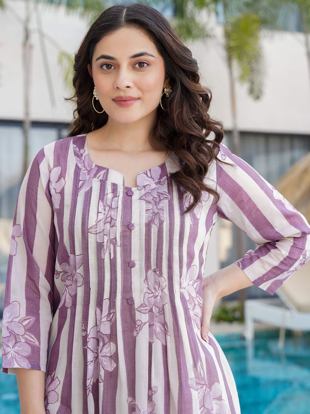 Floral Printed Notch Neck Pure Cotton A-Line Kurta With Trousers