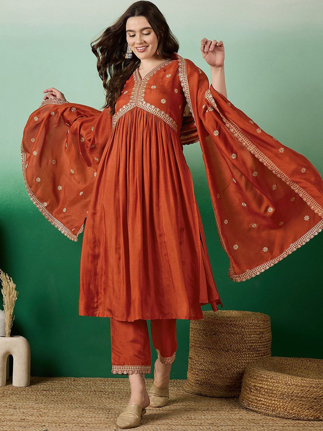 Dhiyona SN Women's Orange Floral Embroidered V-Neck Sequence Straight Kurta With Trousers & Dupatta