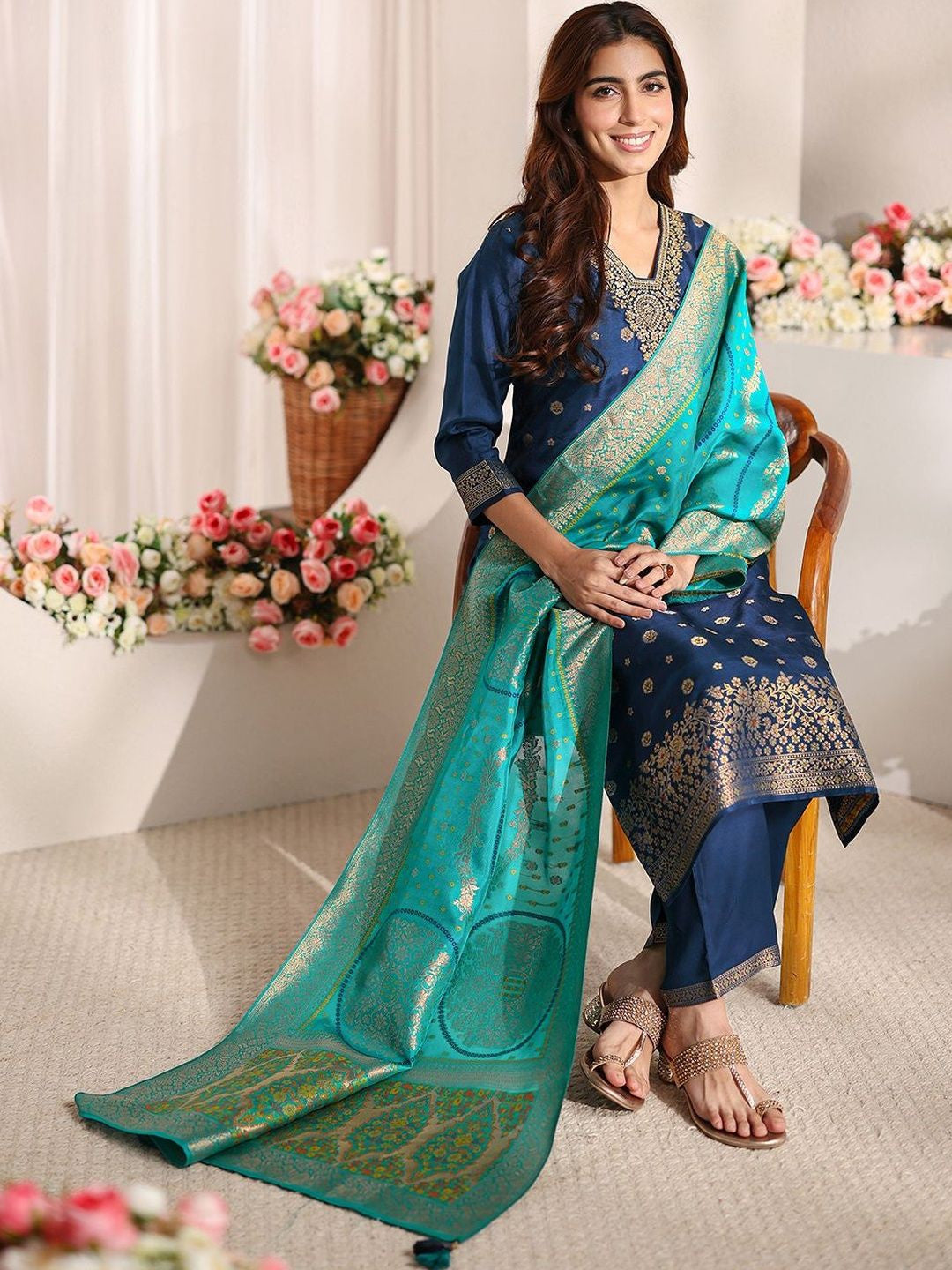 Blue Woven Design Straight Suit Set with Dupatta