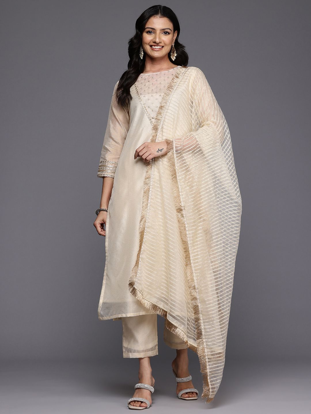 Off White Ethnic Motifs Yoke Design Sequinned Kurta With Trousers & Dupatta