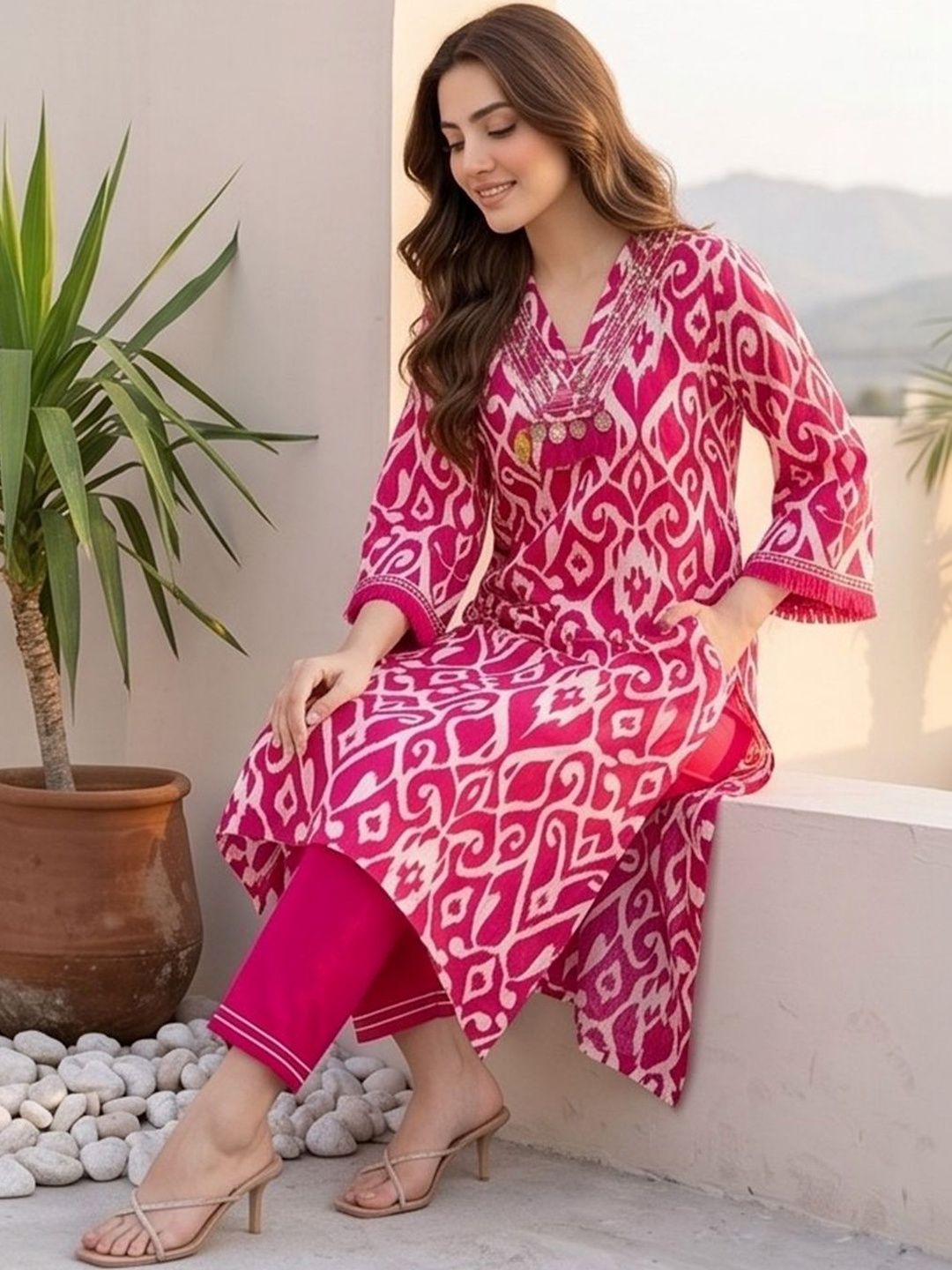 Pink Women Ethnic Motifs Printed Regular Thread Work Pure Cotton Kurta with Trousers