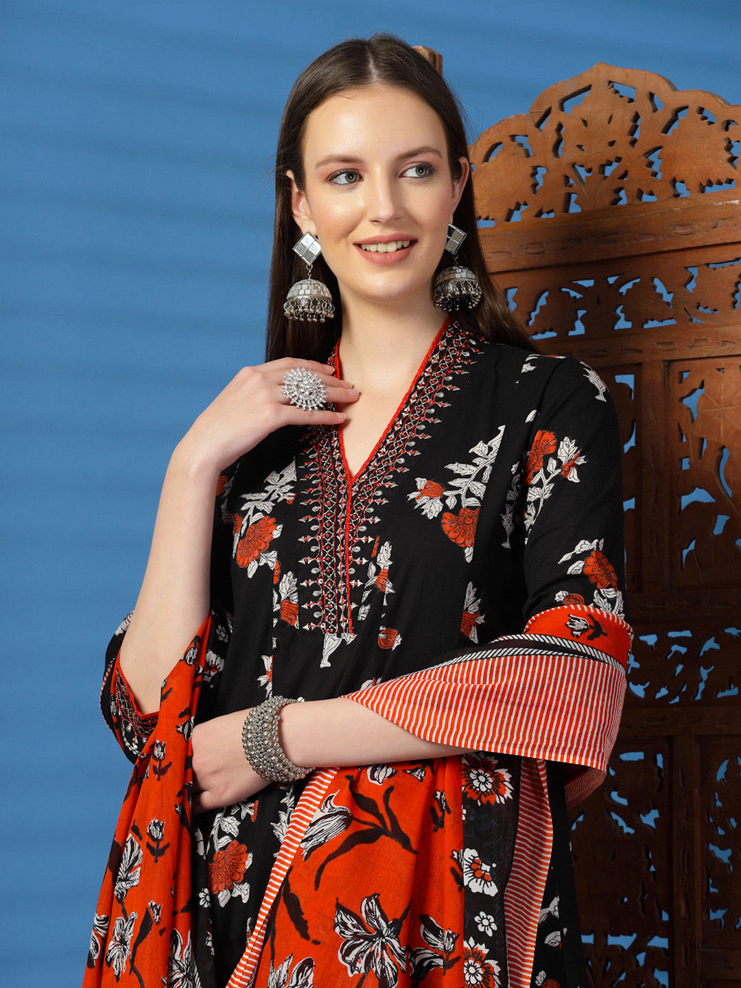 Floral Printed Thread Work Pure Cotton Anarkali Kurta with Trousers & Dupatta