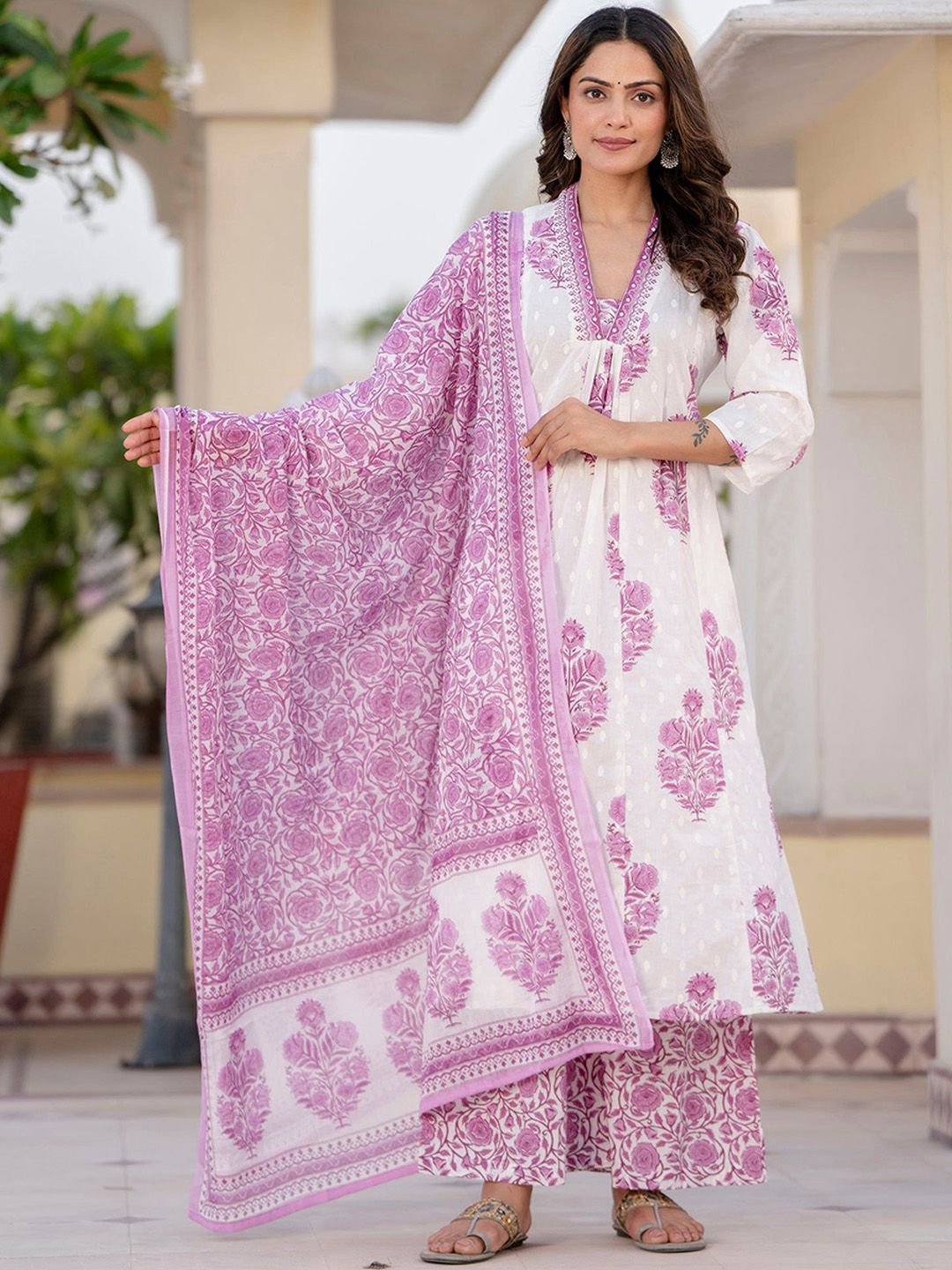 Dhiyona KL Floral Printed Pleated Pure Cotton A-Line Kurta with Palazzos & Dupatta