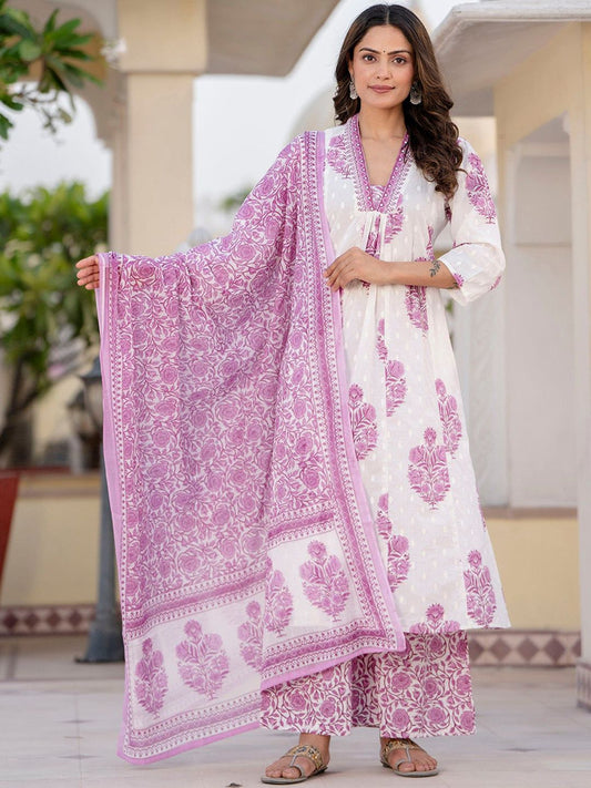 Dhiyona KL Floral Printed Pleated Pure Cotton A-Line Kurta with Palazzos & Dupatta