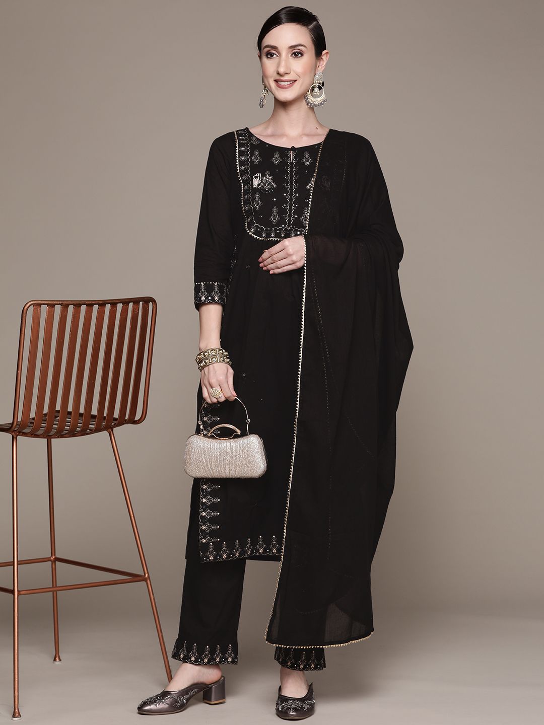 Dhiyona IS Women's Women Black Ethnic Motifs Yoke Design High Slit Kurta with Trousers & With Dupatta