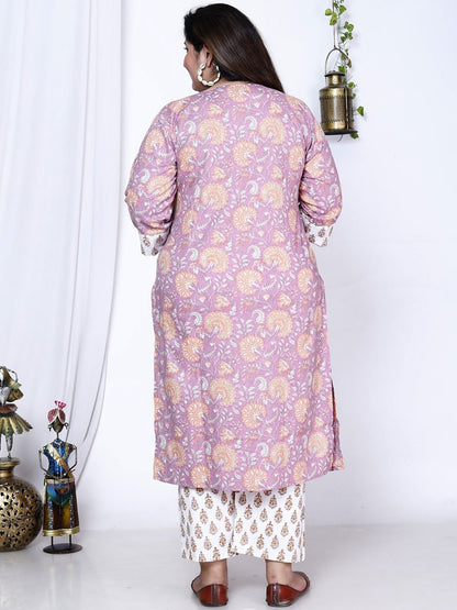 Dhiyona KL Plus Size Floral Printed Pure Cotton Kurta with Trousers & Dupatta