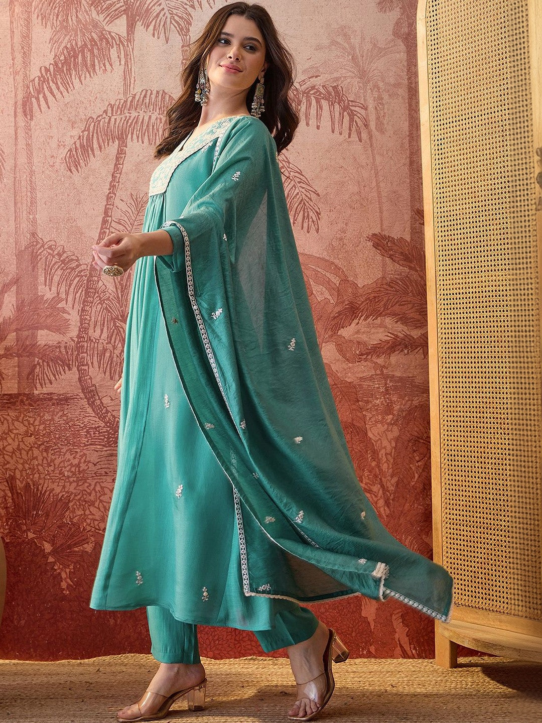 Embroidered V-Neck A-Line Kurta & Trousers With Dupatta