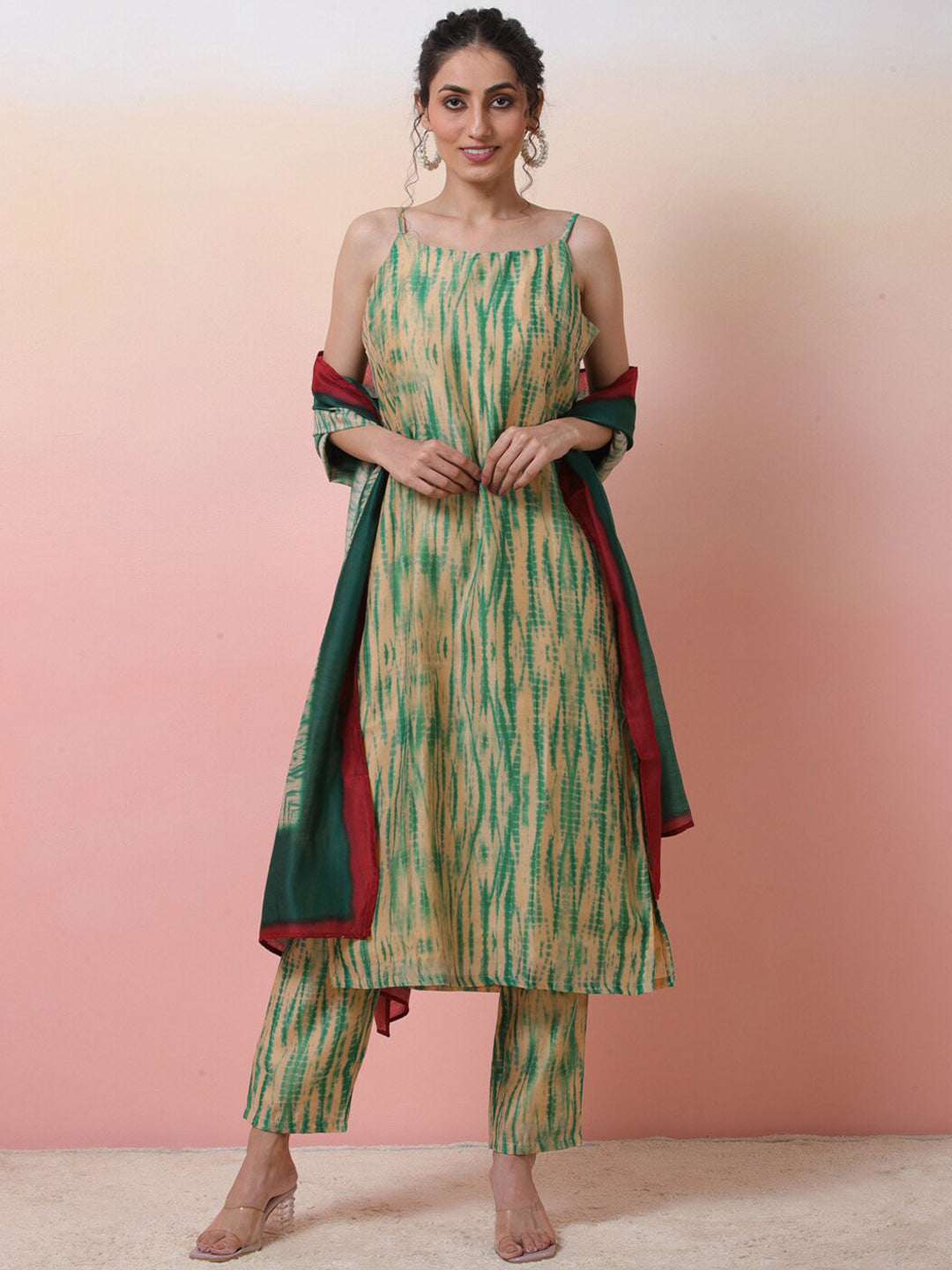 Abstract Printed Sleeveless Chanderi Silk Straight Kurta With Trousers & Dupatta