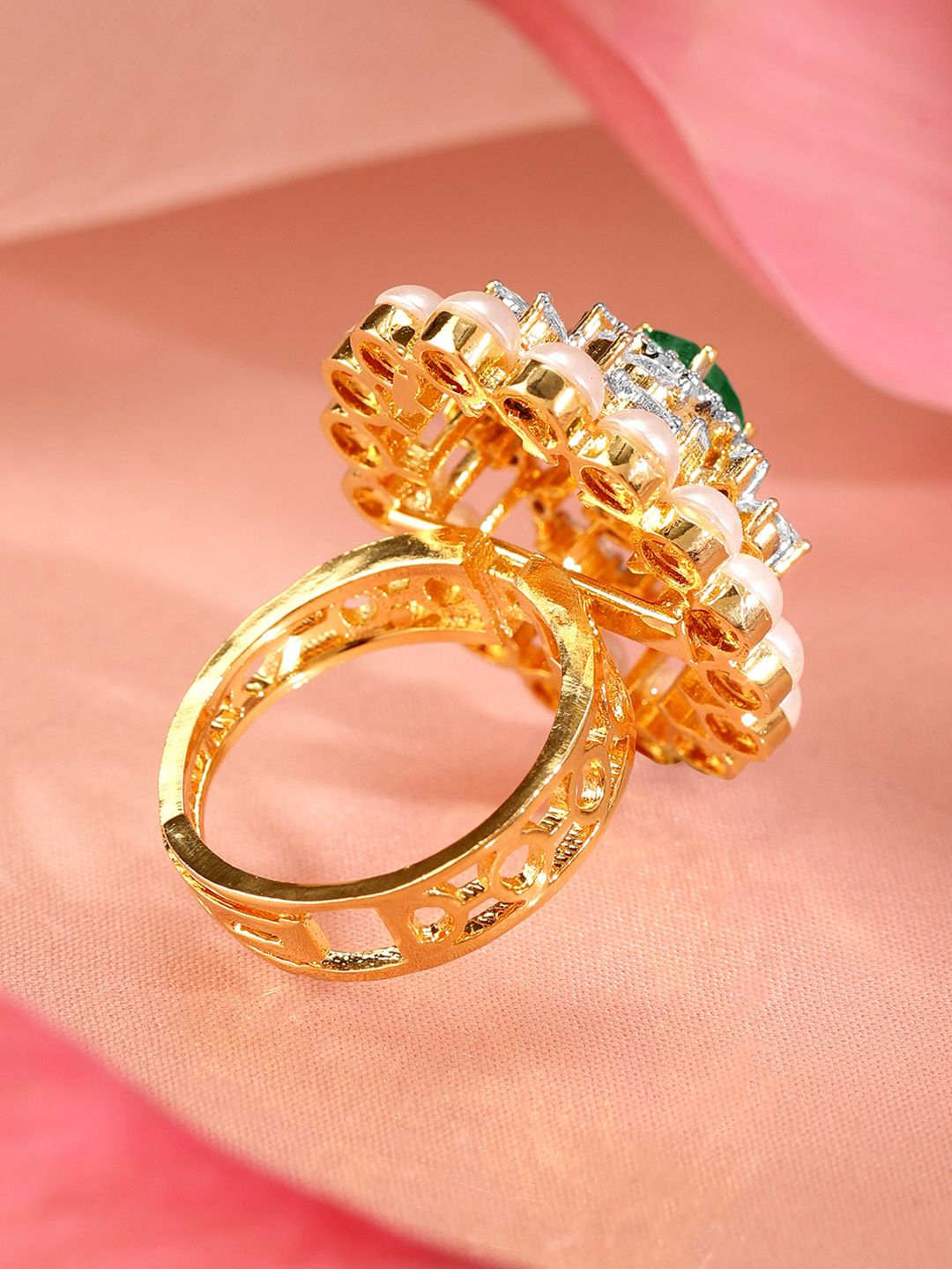 Dhiyona RJ Women's 22K Gold Plated Emerald Green Cubic Zirconia & Pearl Beaded Adjustable Finger Ring