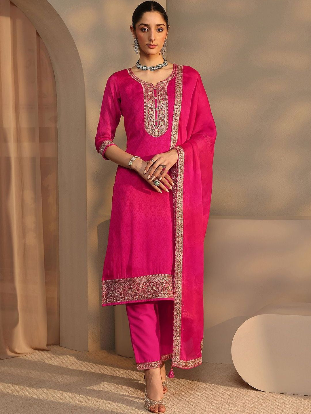 Women Ethnic Motifs Regular Thread Work Silk Chiffon Kurta with Trousers & With Dupatta