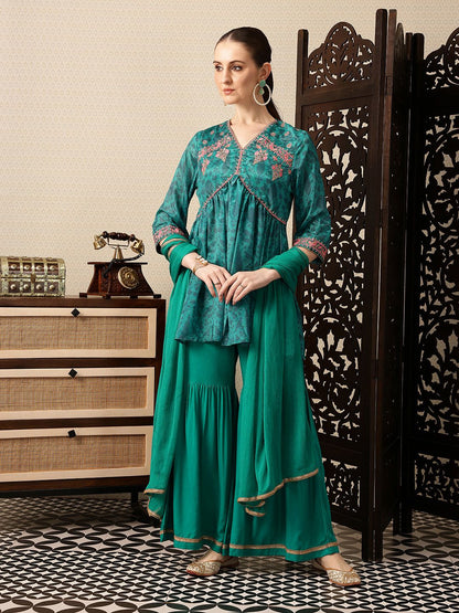 Dhiyona HOP Floral Printed Sequinned Gathered Jashn Kurti With Sharara & Dupatta