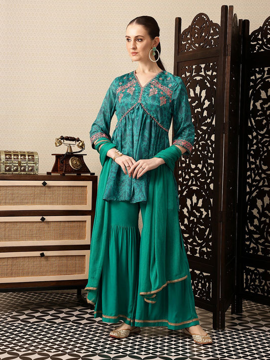 Dhiyona HOP Floral Printed Sequinned Gathered Jashn Kurti With Sharara & Dupatta