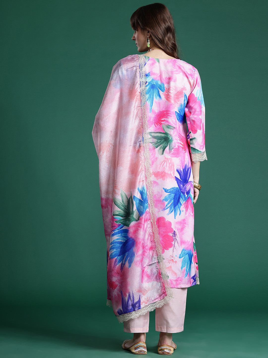 Floral Embroidered Empire Thread Work Kurta With Trousers & Dupatta
