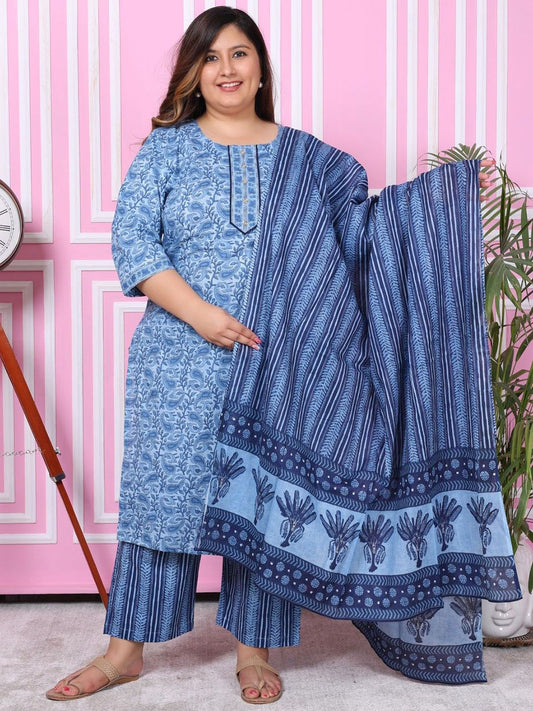 Dhiyona KL Plus Size Floral Printed Pure Cotton Straight Kurta with Palazzos & Dupatta