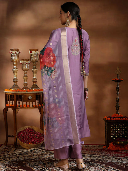 Women's LB Mauve Embroidered Silk Blend Straight Suit With Dupatta