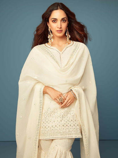 Women's LB Off White Embroidered Cotton Straight Suit With Dupatta