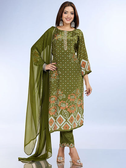 Dhiyona IS Women's Floral Printed Beads And Stones Straight Kurta With Trousers And Dupatta