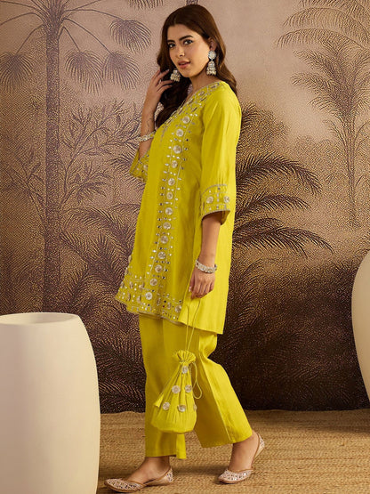 Embroidered V-Neck Kurta & Trousers Kurta Set