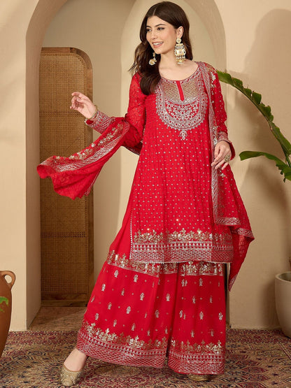 Ethnic Motifs Embroidered Panelled Gotta Patti Kurta With Palazzos & Dupatta
