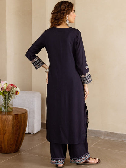 Ethnic Motifs Embroidered Round Neck Thread Work Straight Kurta With Palazzos