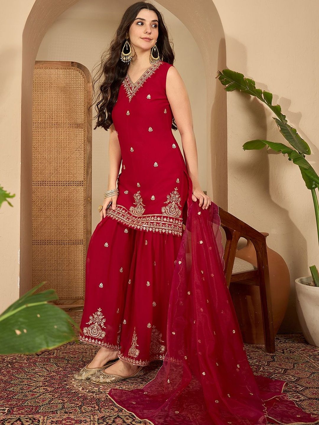 Dhiyona SN Floral Embroidered Thread Work Straight Kurta With Sharara & Dupatta