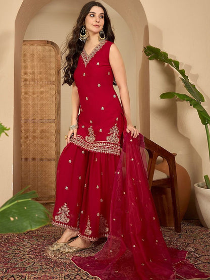Dhiyona SN Floral Embroidered Thread Work Straight Kurta With Sharara & Dupatta