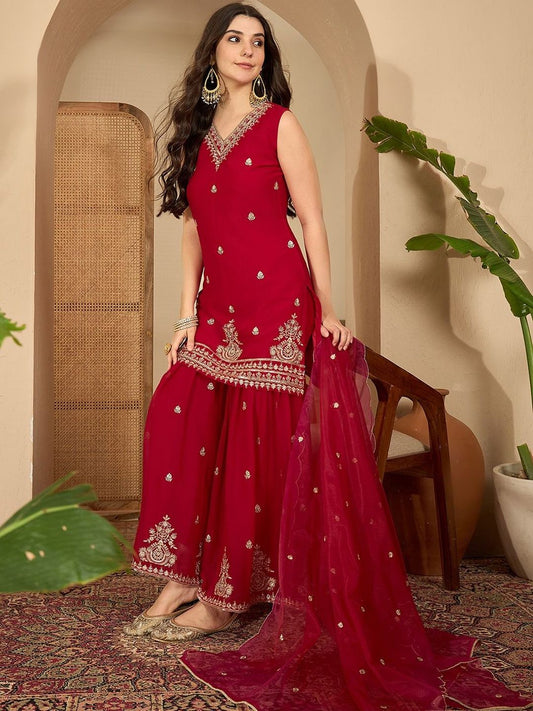 Dhiyona SN Floral Embroidered Thread Work Straight Kurta With Sharara & Dupatta
