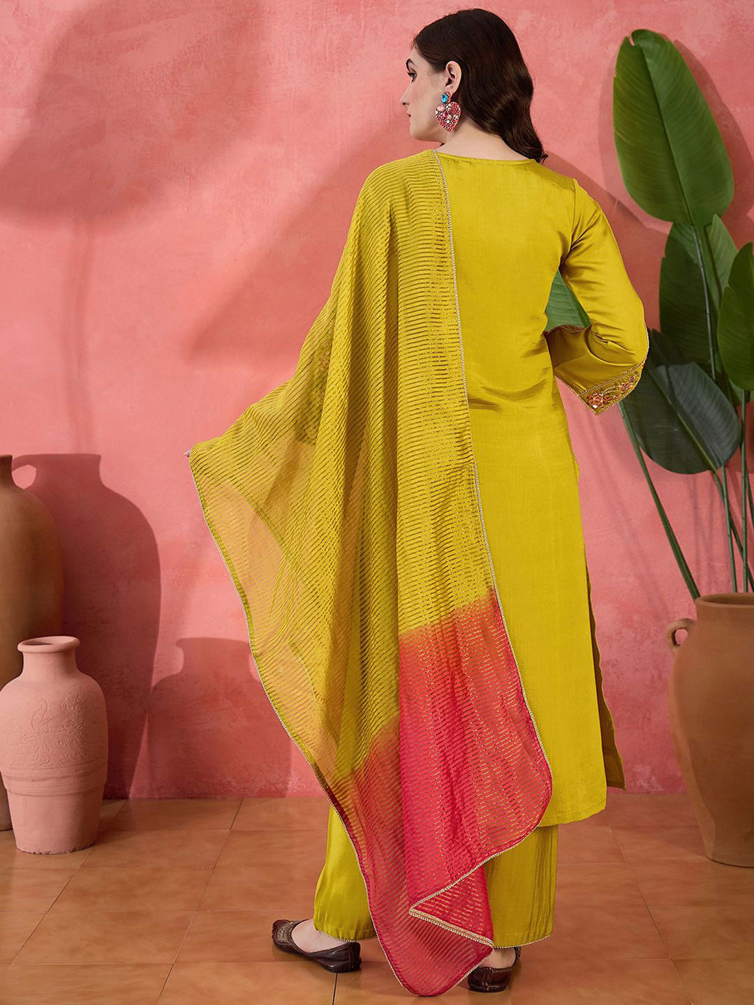 Floral Yoke Design Mirror Work Straight Kurta With Trousers & Dupatta