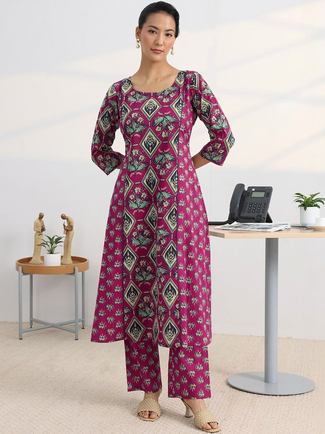 Libas Pink Floral Printed Cotton Blend A-Line Kurta Set