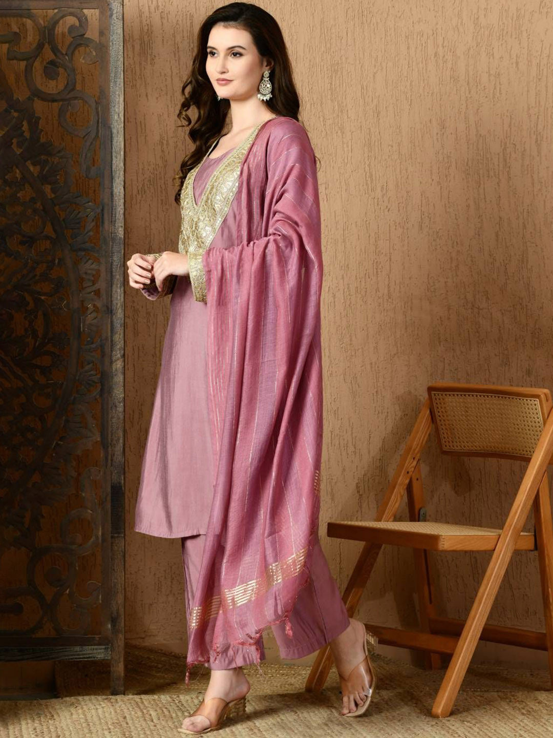 Round Neck Long Sleeves Kurta With Trousers & Dupatta