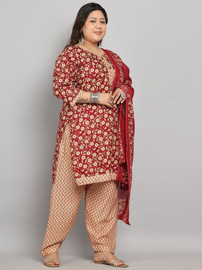 Dhiyona KL Floral Printed V-Neck Straight Kurta With Salwar & Dupatta