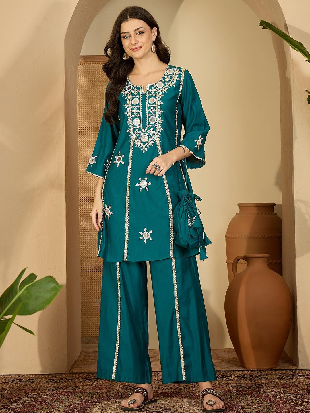Women Floral Embroidered Regular Mirror Work Kurta with Palazzos