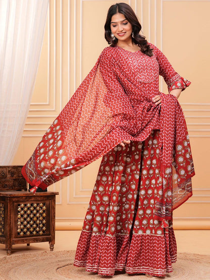 Dhiyona KL Women Floral Printed Regular Pure Cotton Kurti with Skirt & Dupatta