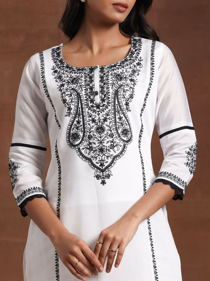 Women's LB White Embroidered Silk Blend Straight Suit With Dupatta