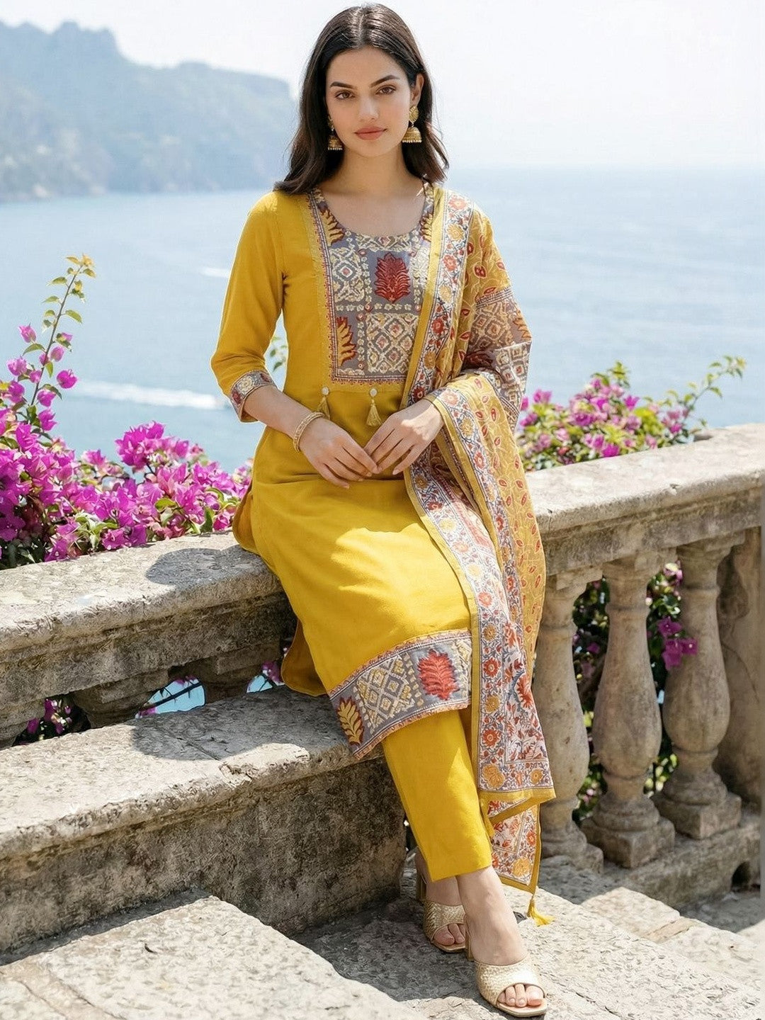 Women Ethnic Motifs Yoke Design Regular Thread Work Kurta with Trousers & With Dupatta